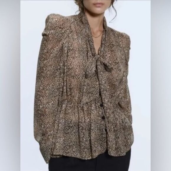 Zara Cheetah Leopard Animal Print Blouse Dress Shirt Small - Picture 1 of 11